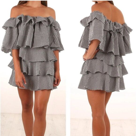MLM Label Gingham Tiered Ruffle Off Shoulder Black and White Mini Dress - Picture 14 of 14
